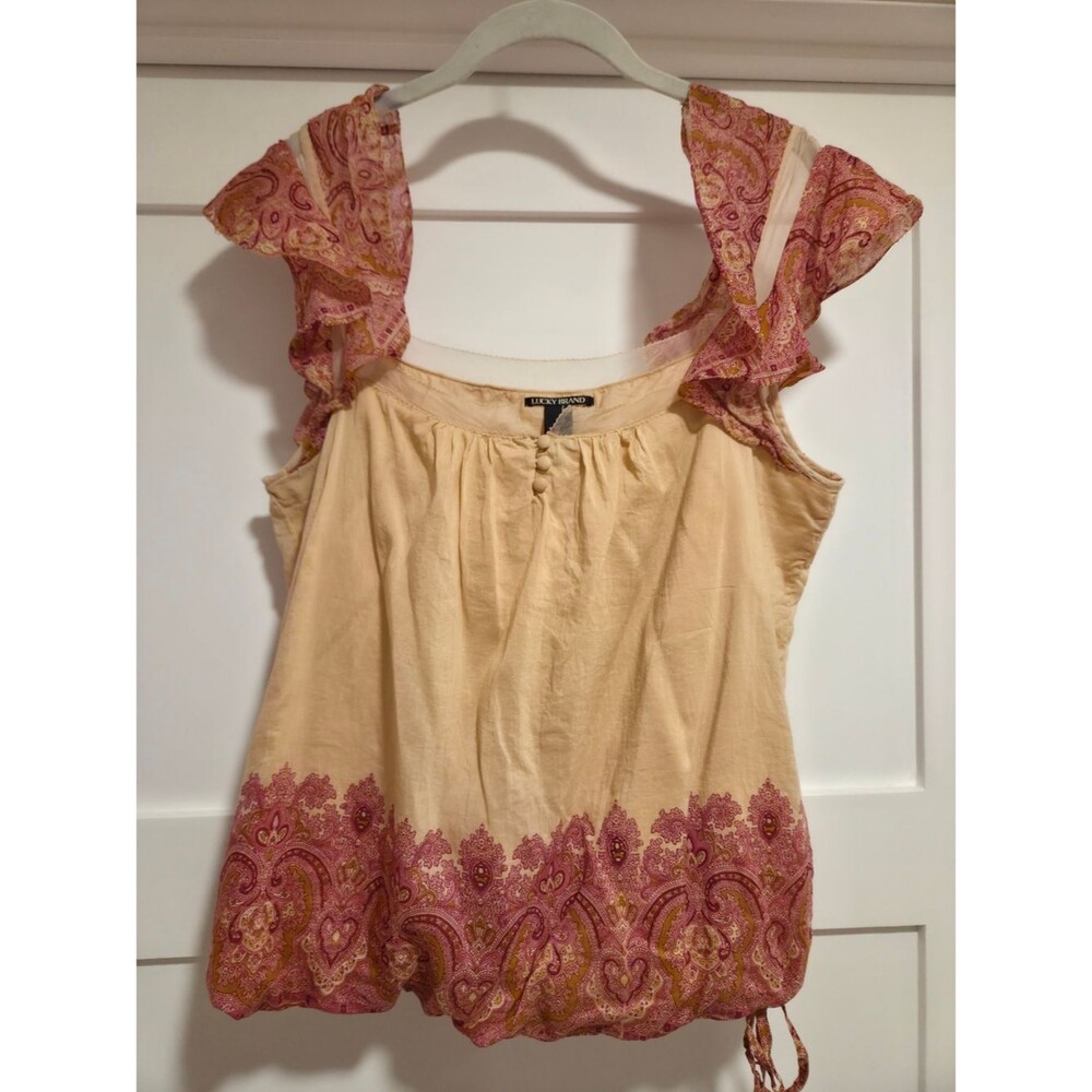 Lucky Brand Vintage Y2K Boho Peach Pink Paisley Cotton Silk Flutter Cami XL